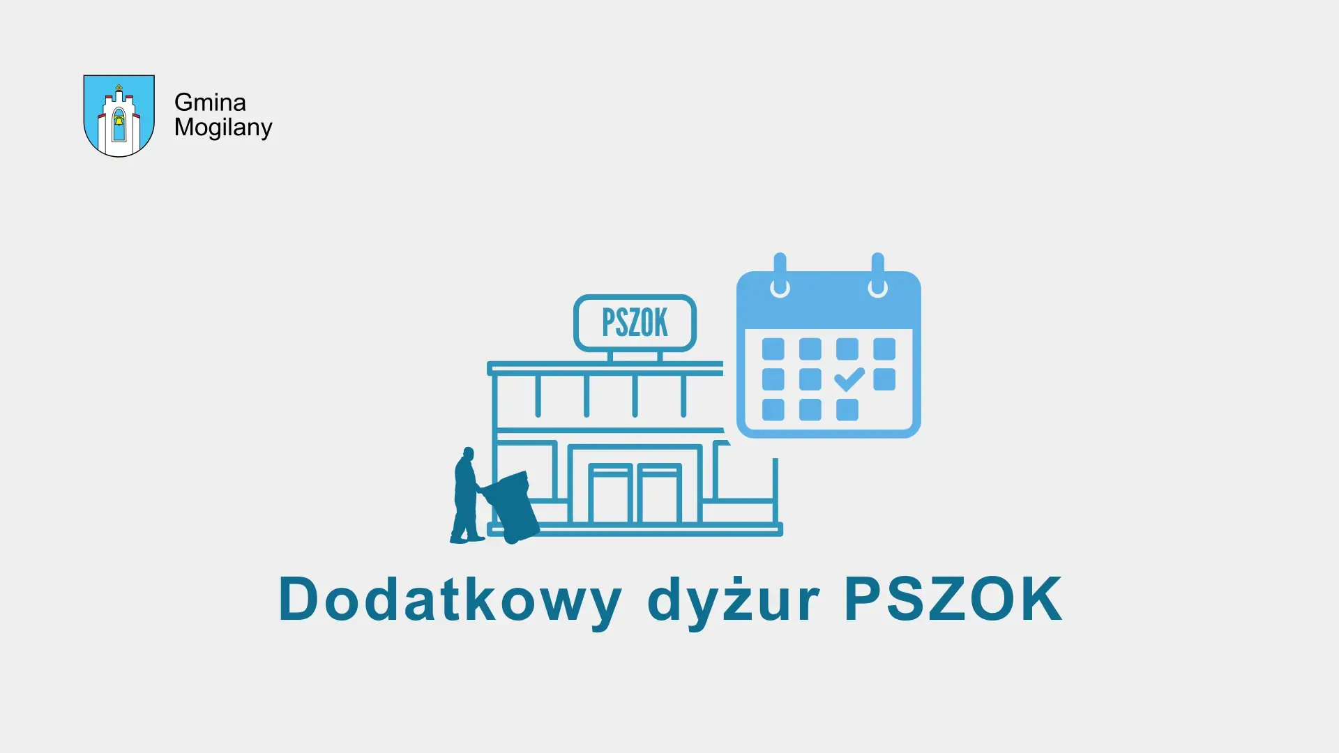 Grafika z budynkiem i kalendarzem, napis: Dodatkowy dyżur PSZOK